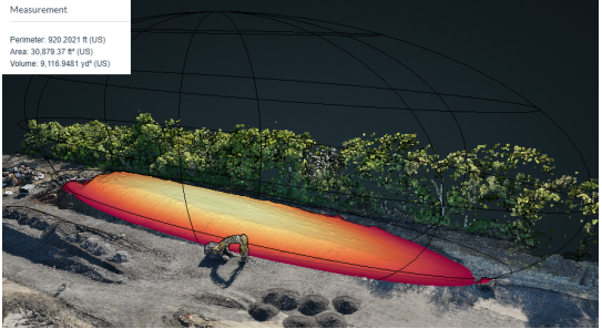 3D rendering of a terrain measurement showing perimeter, area, and volume, with a construction machine in the foreground and vegetation in the background.